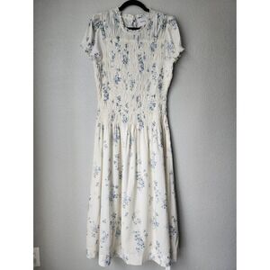 Reformation Kiria Dress 12P Petites Smocked Floral Midi Truly Blue White NWT